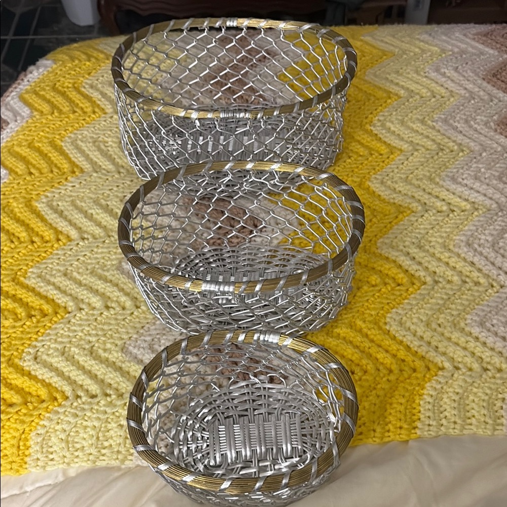 Oval Silver and Gold Artistic Metal Wire Weave Design Baskets Set of 3